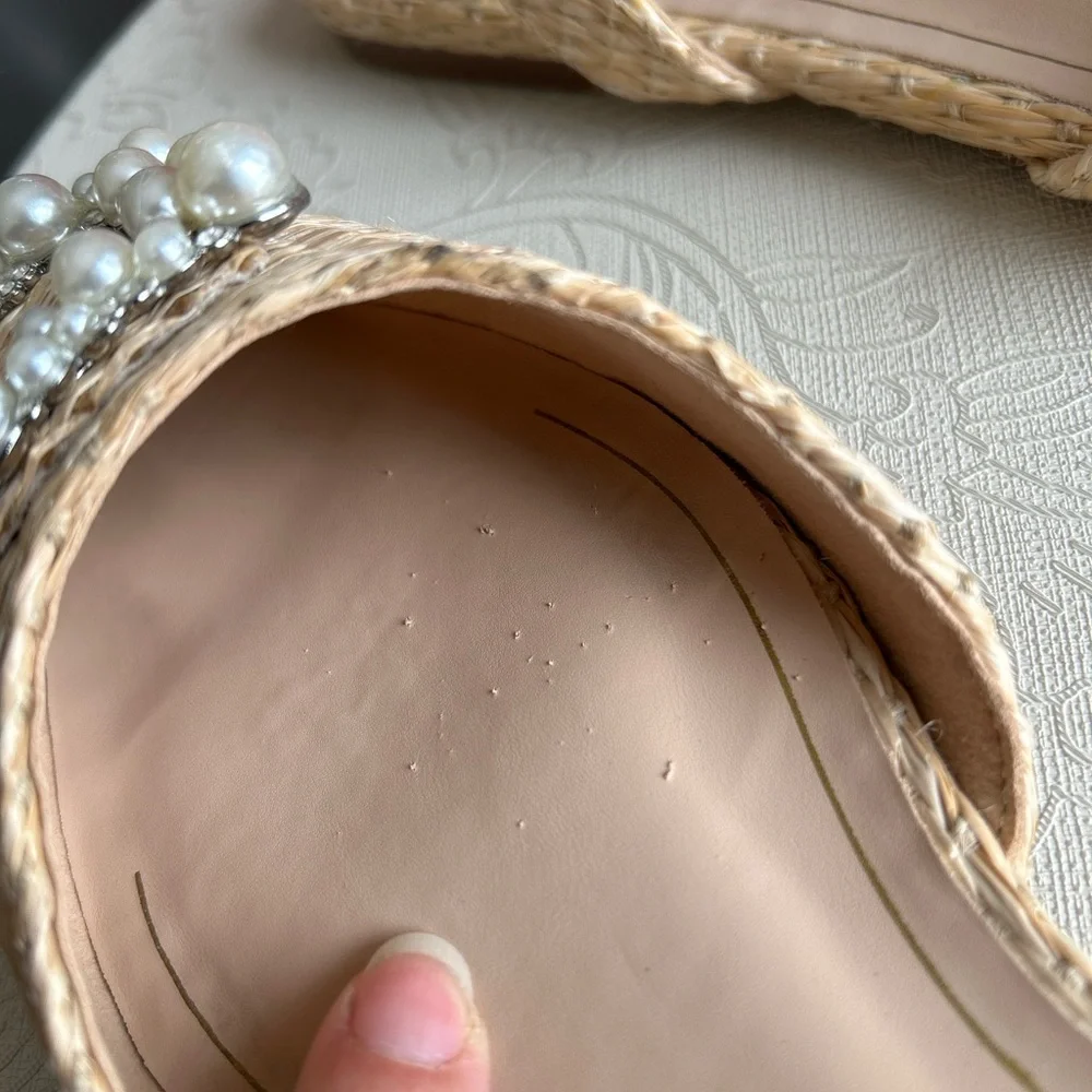 Journee Collection Beige Woven Slingback Flats with Pearl Buckles - Picture 6 of 6